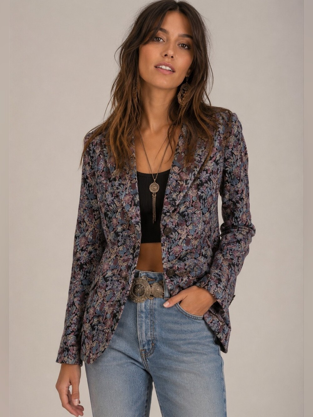 Vtg Suede Blazer Focus Fitted Floral Blue Purple Boho Retro 70s Sz 11 S / M ?